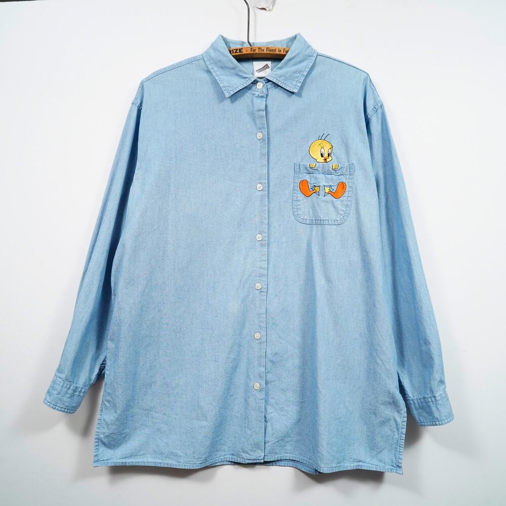 Vintage Looney Tunes Tweety Bird Embroidered Chambray Shirt Womens L Blue Denim